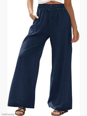 Womens Plus Size Cotton Linen Palazzo Pants Summer Wide Leg Drawstring Elastic